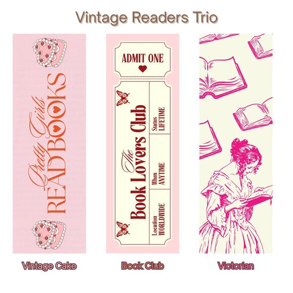 Vintage Readers Bookmark Set Pink Red Cute Retro Style Art Bookish Gift Matte - Picture 2 of 9